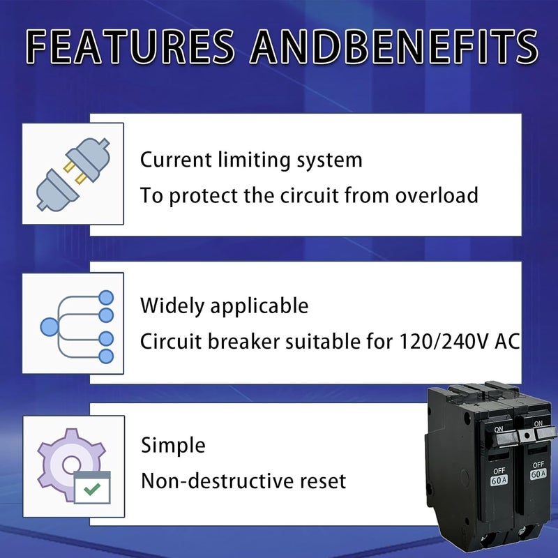 PPYIPC قاطع الدائرة THQL2160، مناسب لجينيرال إلكتريك، بديل لقاطع THQL 2p 60A، 2 قطب 60 أمبير 120/240 فولت 10kA، تركيب قياسي، حماية حرارية مغناطيسية - Image 5